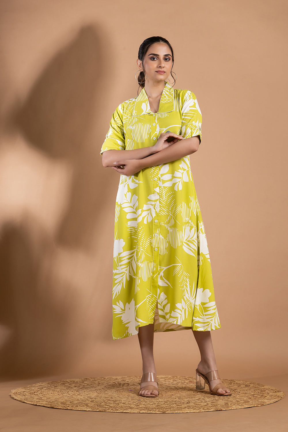Yellow Green Floral Print A-Line Dress