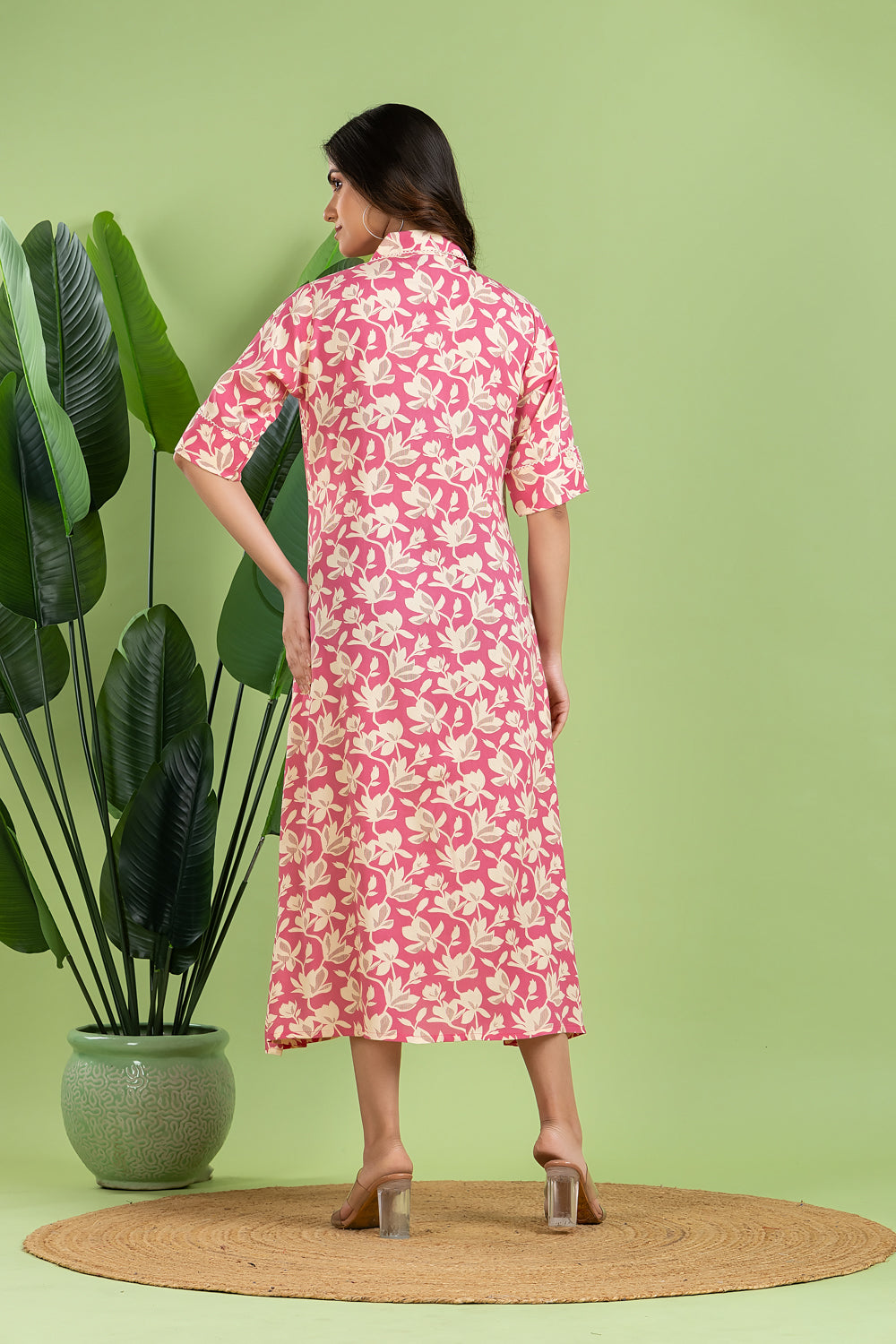 Pink Floral Print A-Line Dress