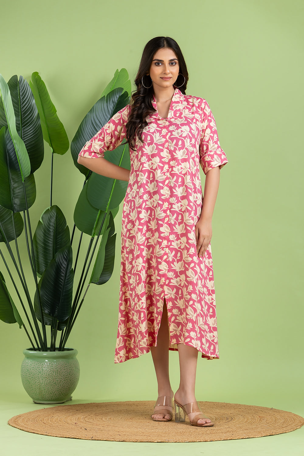 Pink Floral Print A-Line Dress