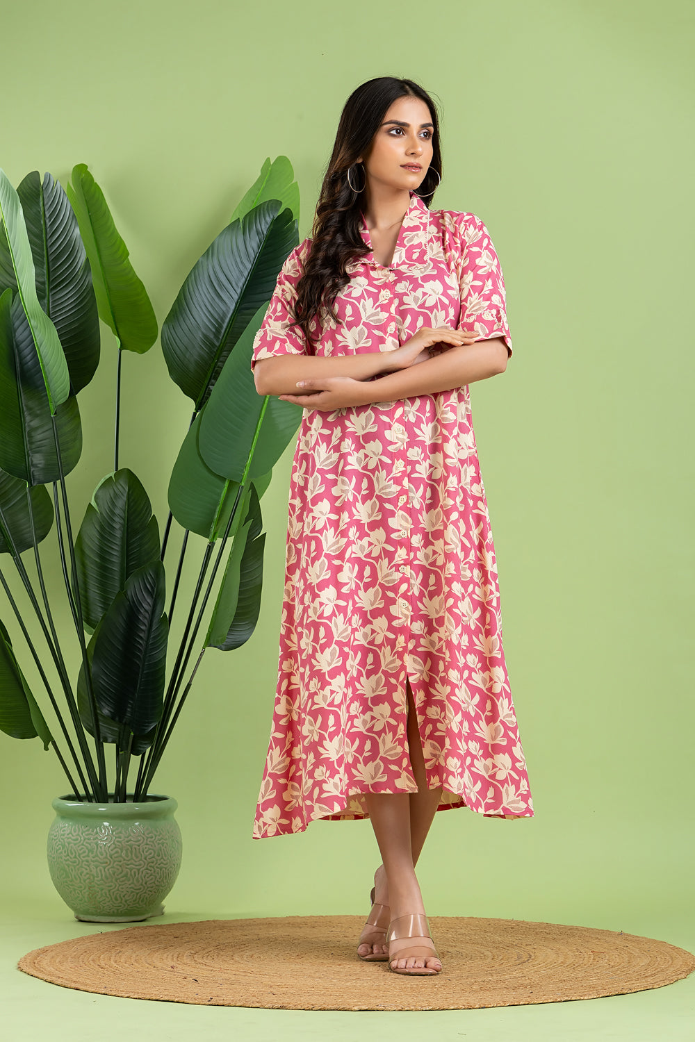 Pink Floral Print A-Line Dress