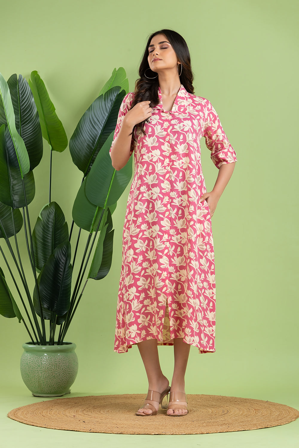 Pink Floral Print A-Line Dress