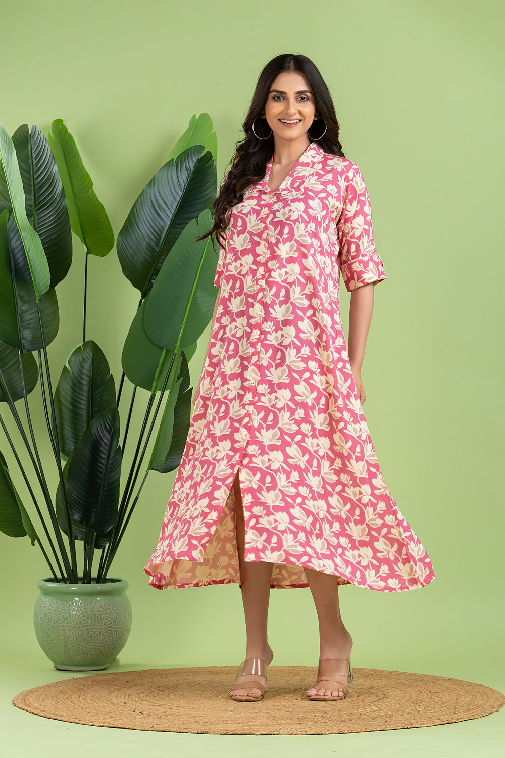 Pink Floral Print A-Line Dress