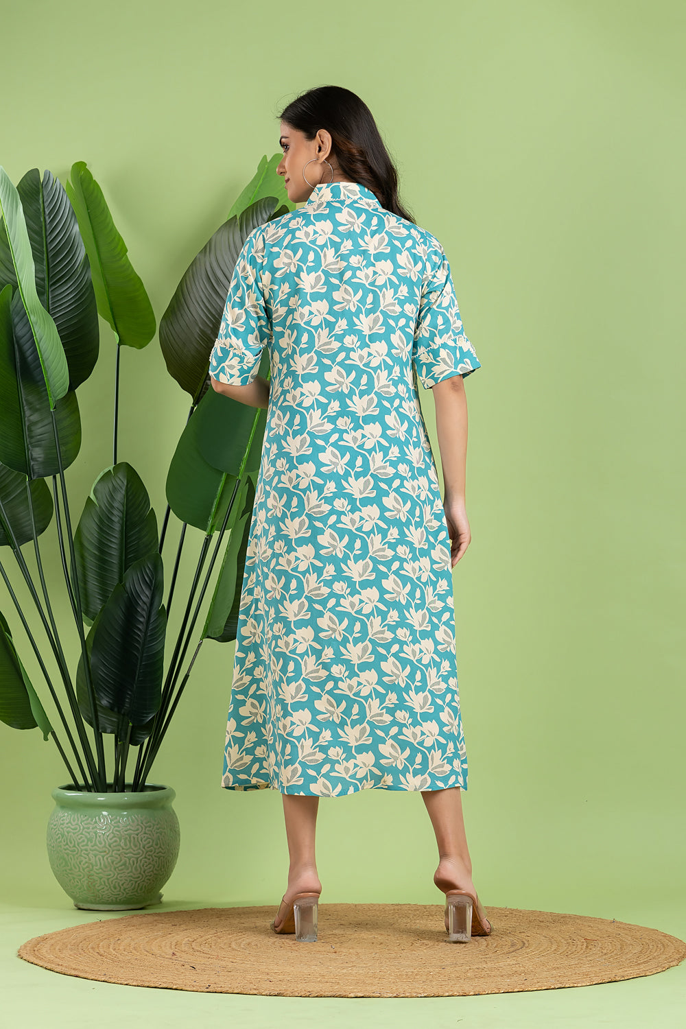Aqua Blue Floral Print A-Line Dress