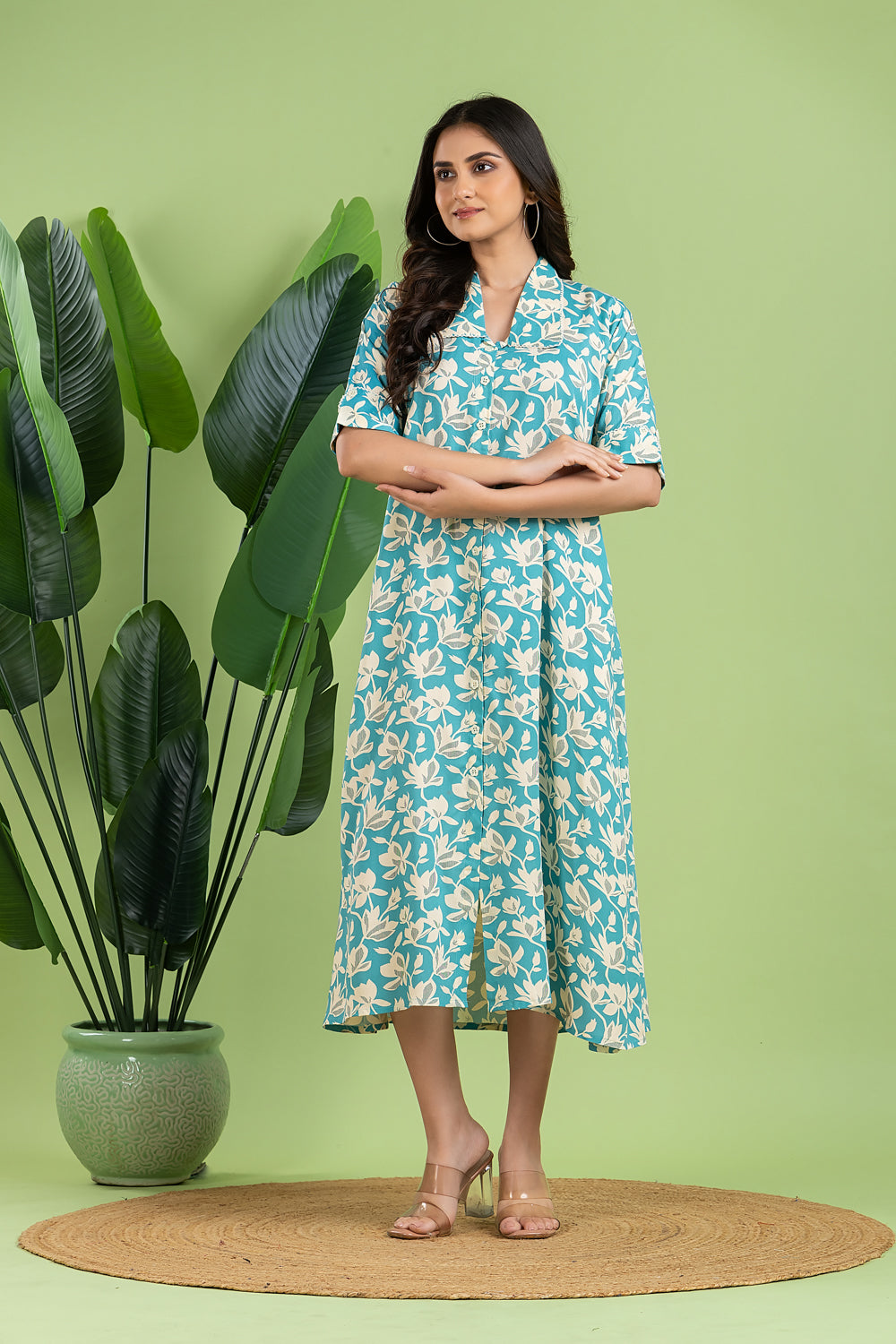 Aqua Blue Floral Print A-Line Dress