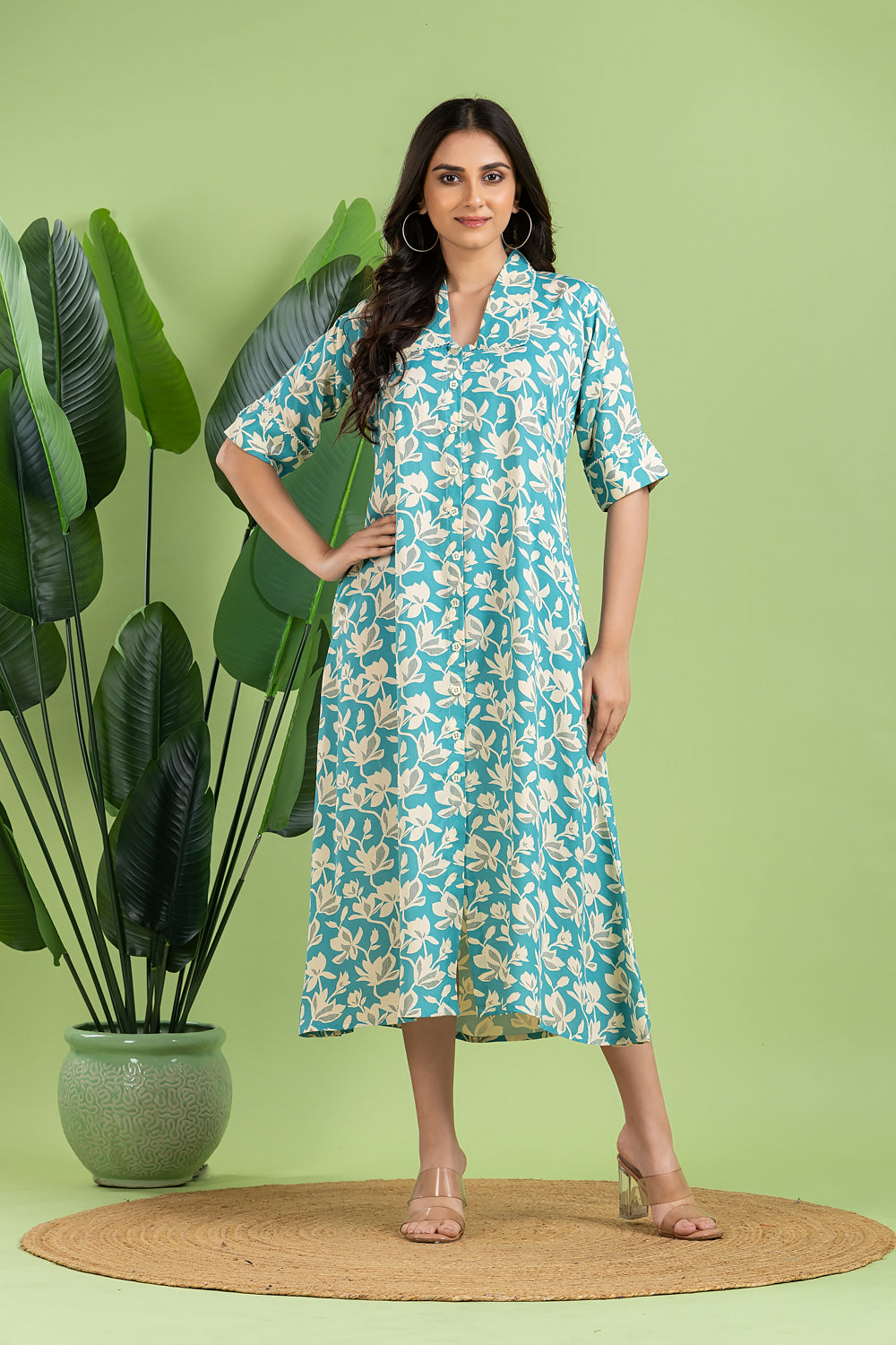 Aqua Blue Floral Print A-Line Dress