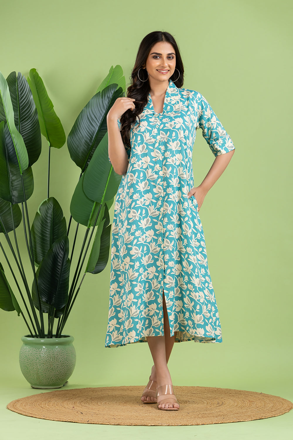 Aqua Blue Floral Print A-Line Dress