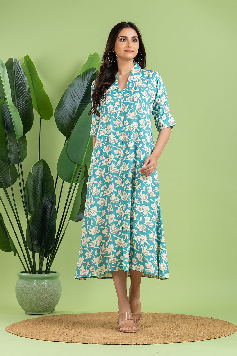 Aqua Blue Floral Print A-Line Dress