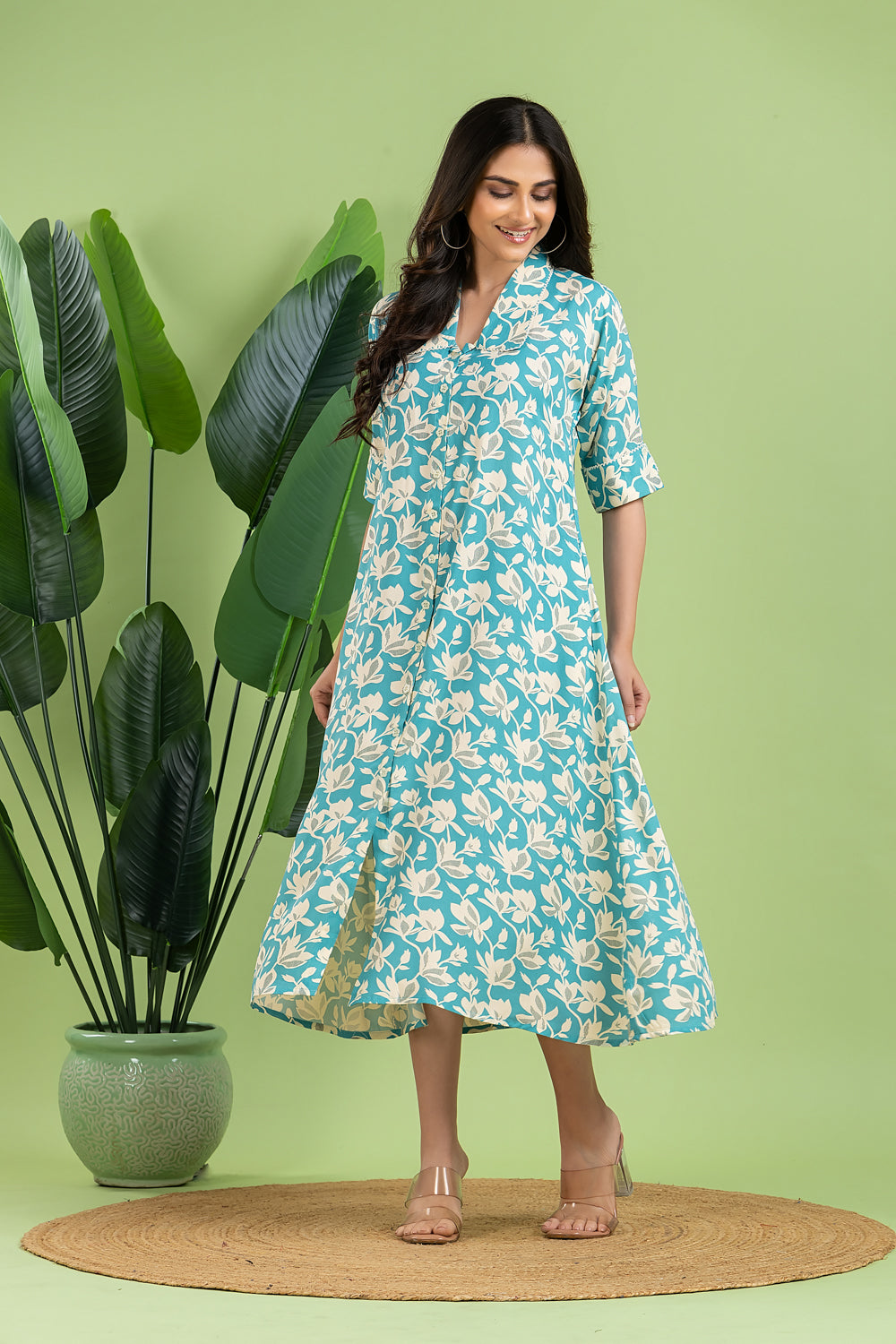 Aqua Blue Floral Print A-Line Dress