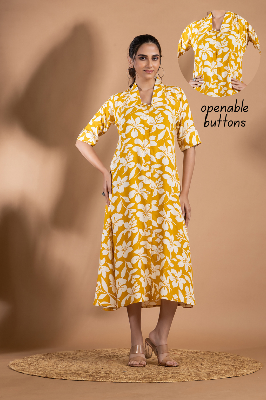 Yellow Floral Print A-Line Dress
