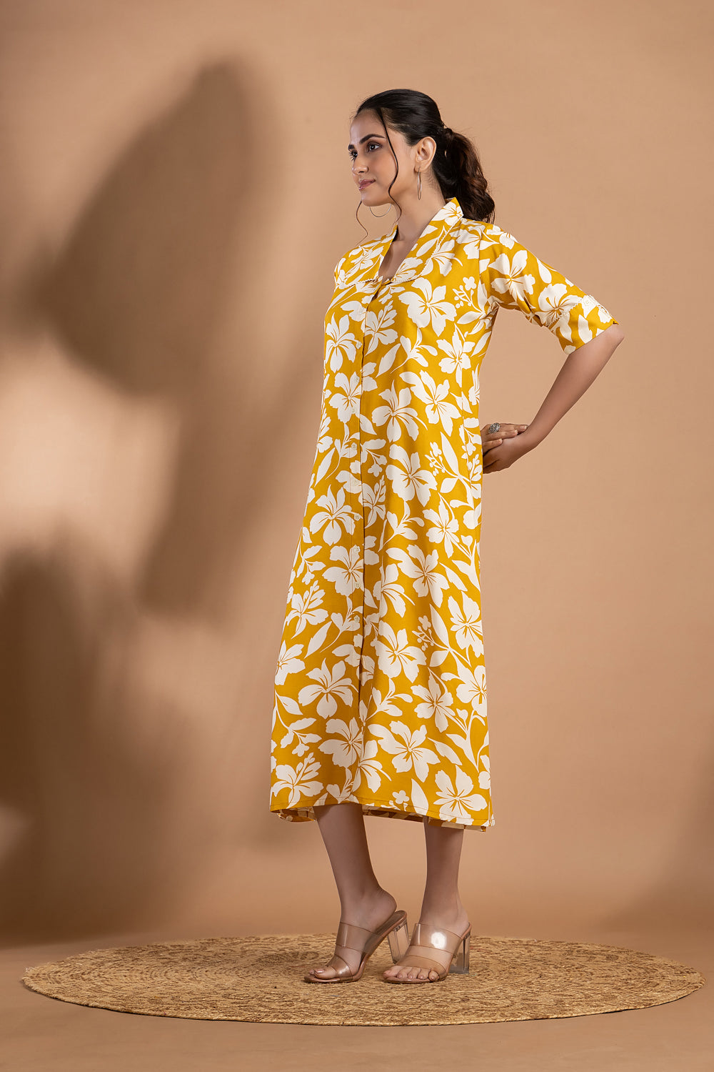 Yellow Floral Print A-Line Dress