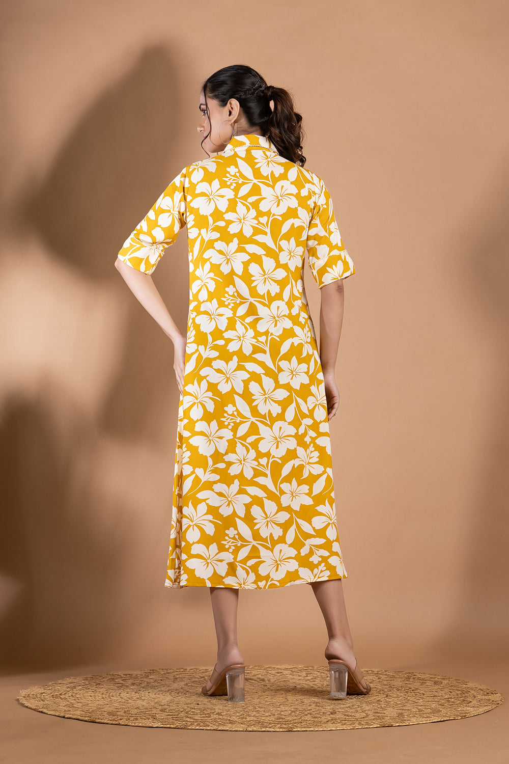 Yellow Floral Print A-Line Dress