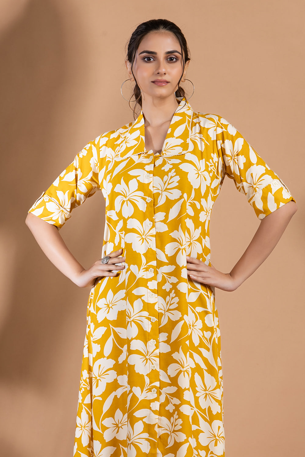 Yellow Floral Print A-Line Dress