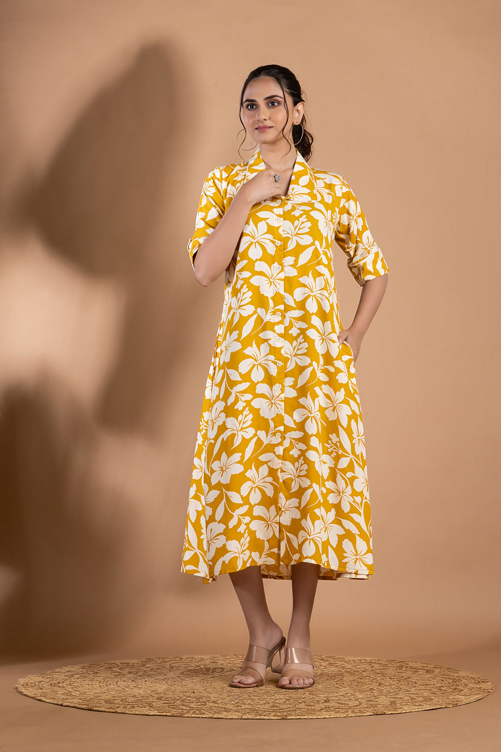 Yellow Floral Print A-Line Dress