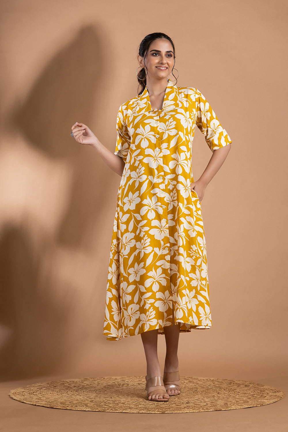 Yellow Floral Print A-Line Dress