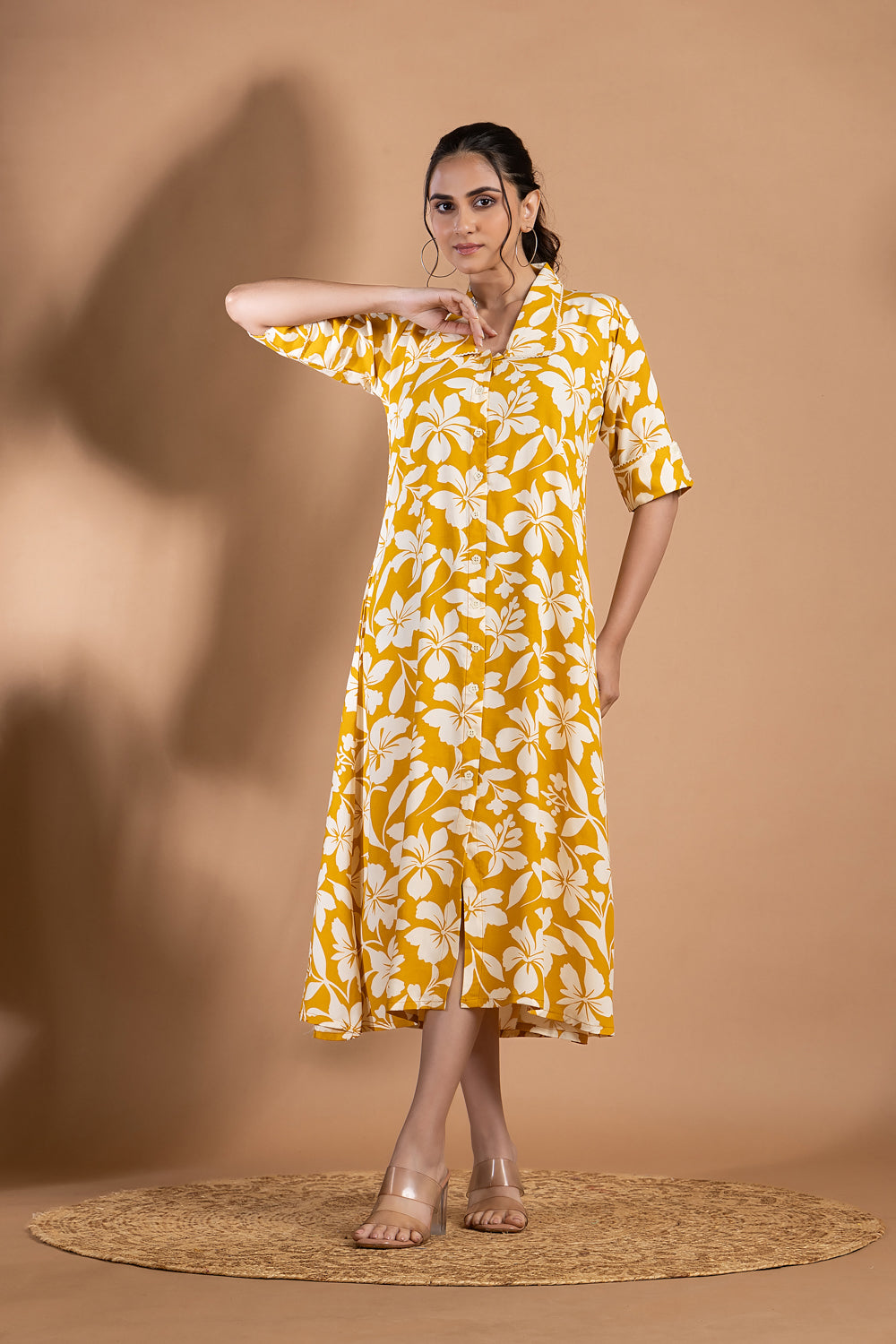 Yellow Floral Print A-Line Dress