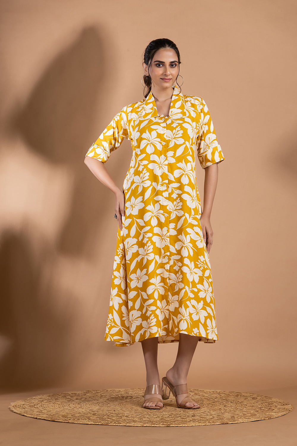 Yellow Floral Print A-Line Dress