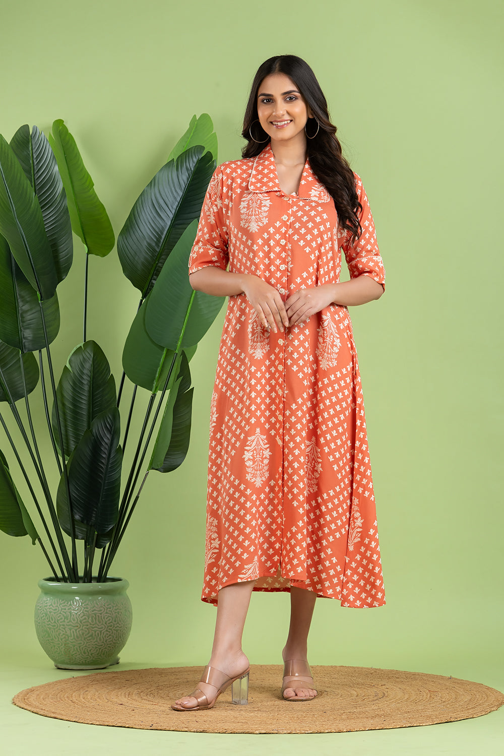 Salmon Pink Floral Print A-Line Dress