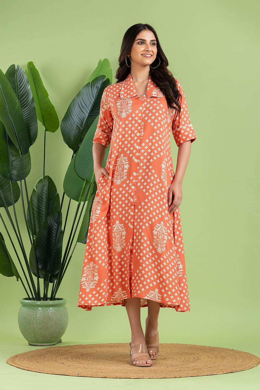 Salmon Pink Floral Print A-Line Dress