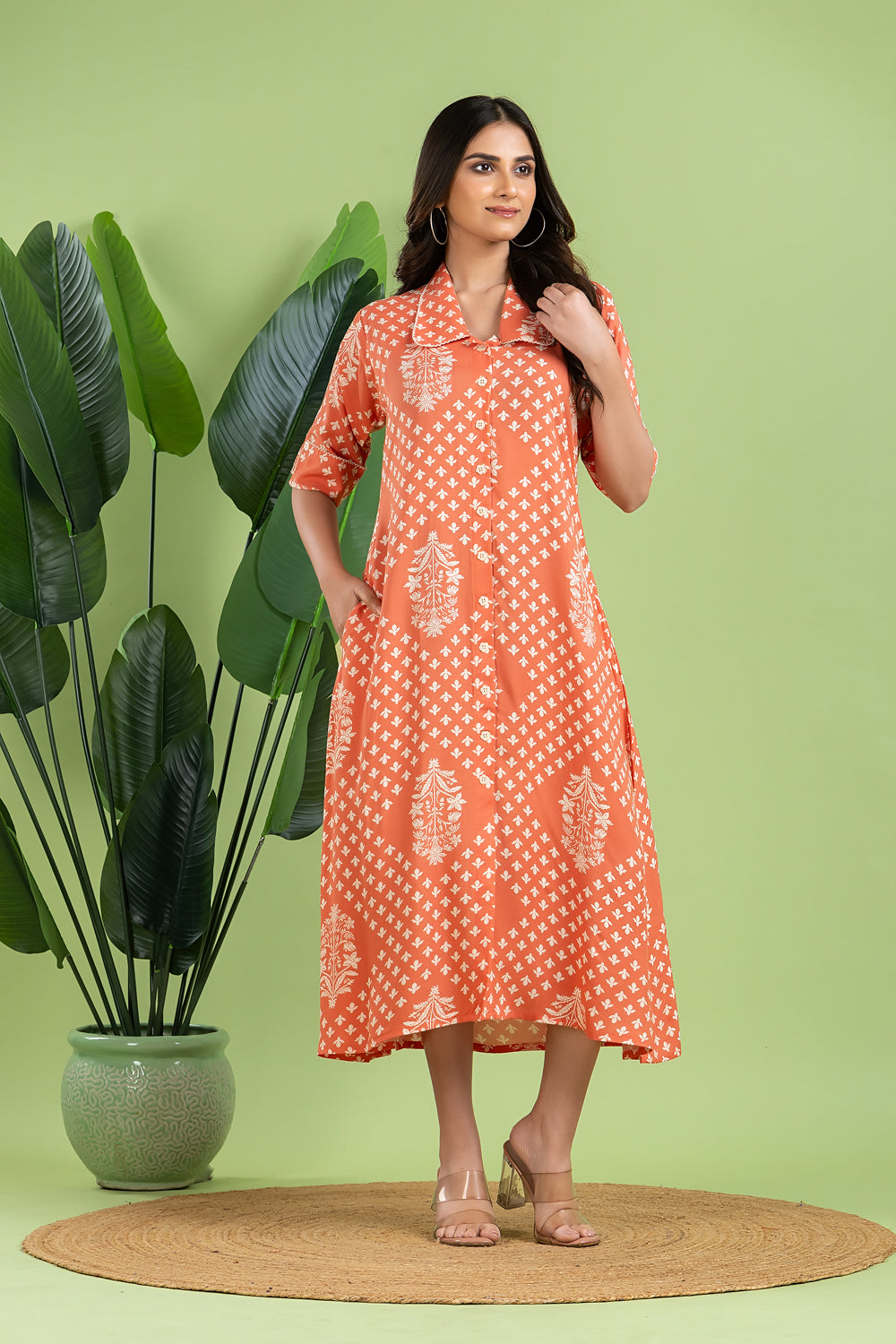 Salmon Pink Floral Print A-Line Dress