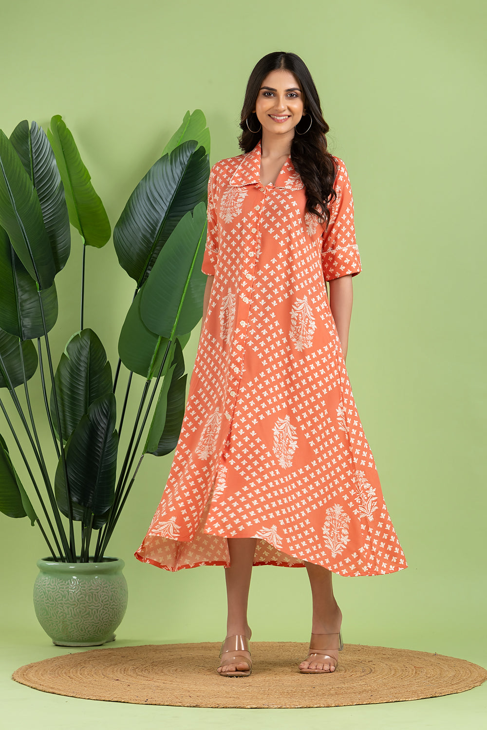 Salmon Pink Floral Print A-Line Dress