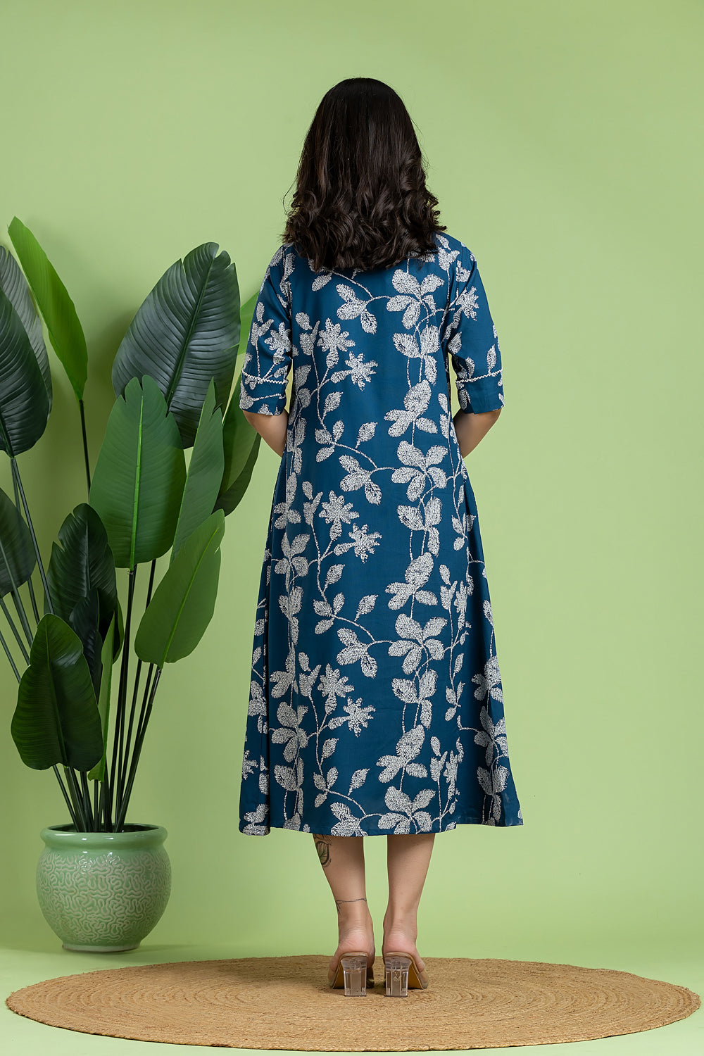 French Blue Floral Print A-Line Dress