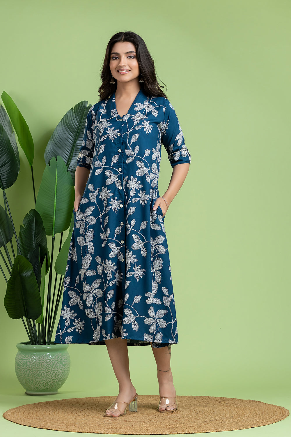 French Blue Floral Print A-Line Dress