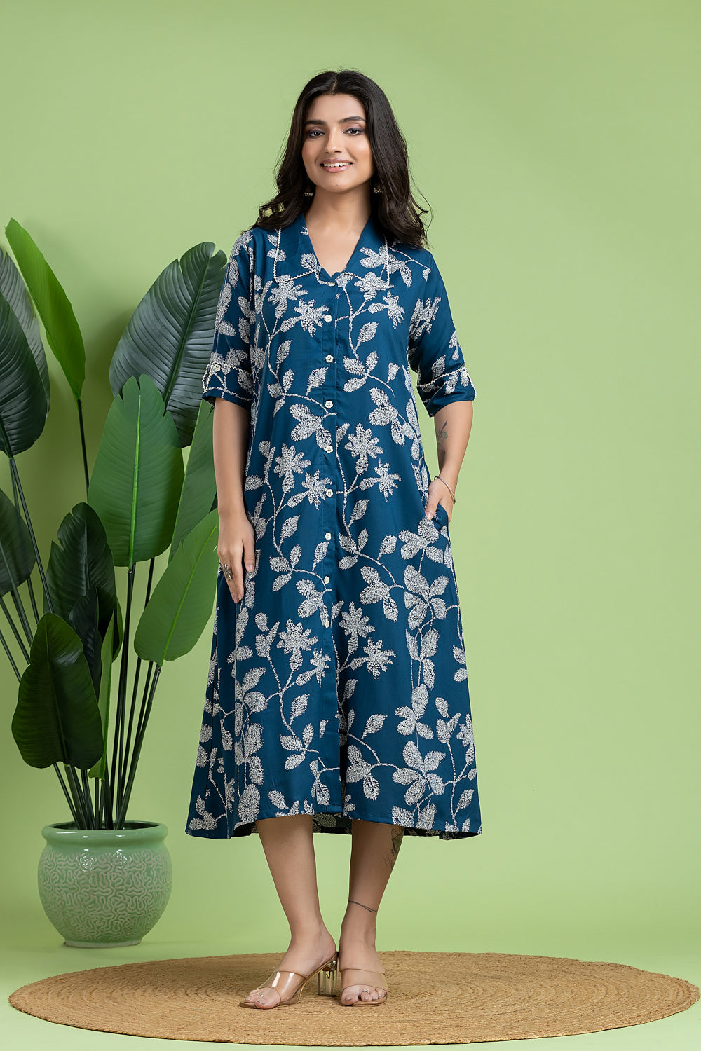 French Blue Floral Print A-Line Dress
