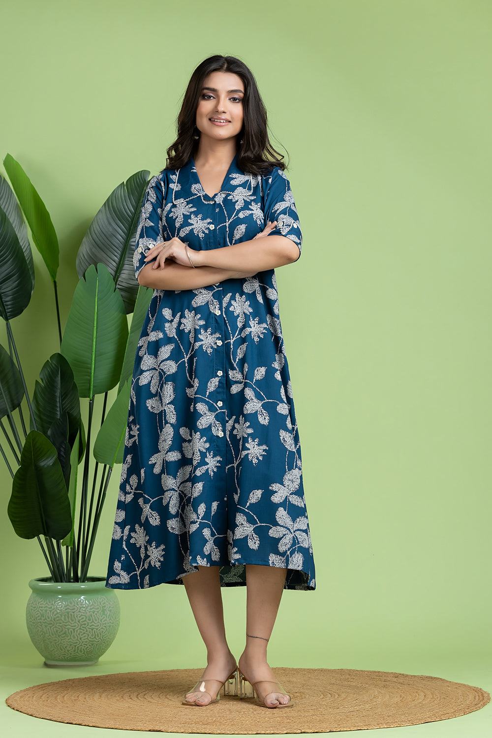 French Blue Floral Print A-Line Dress