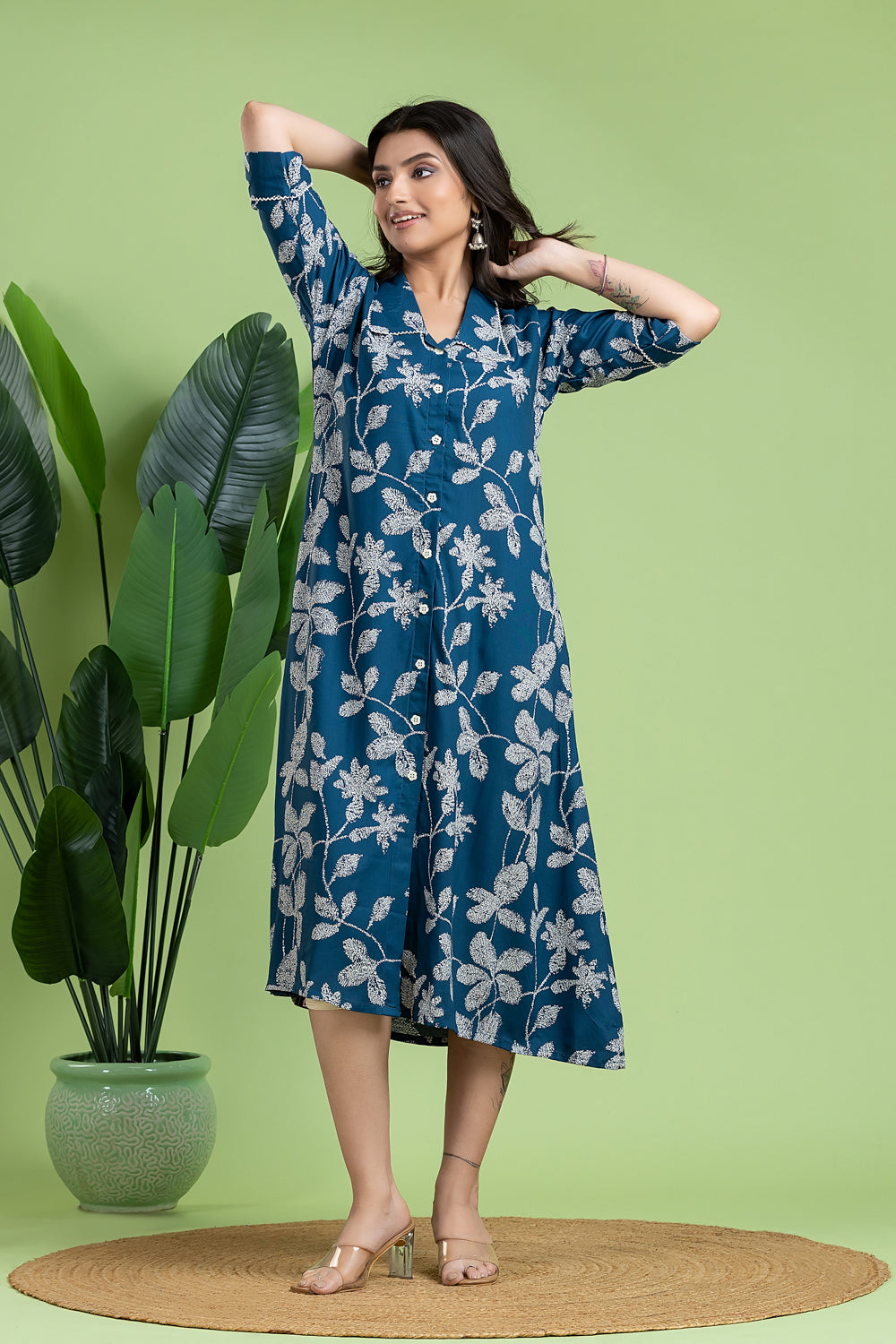 French Blue Floral Print A-Line Dress