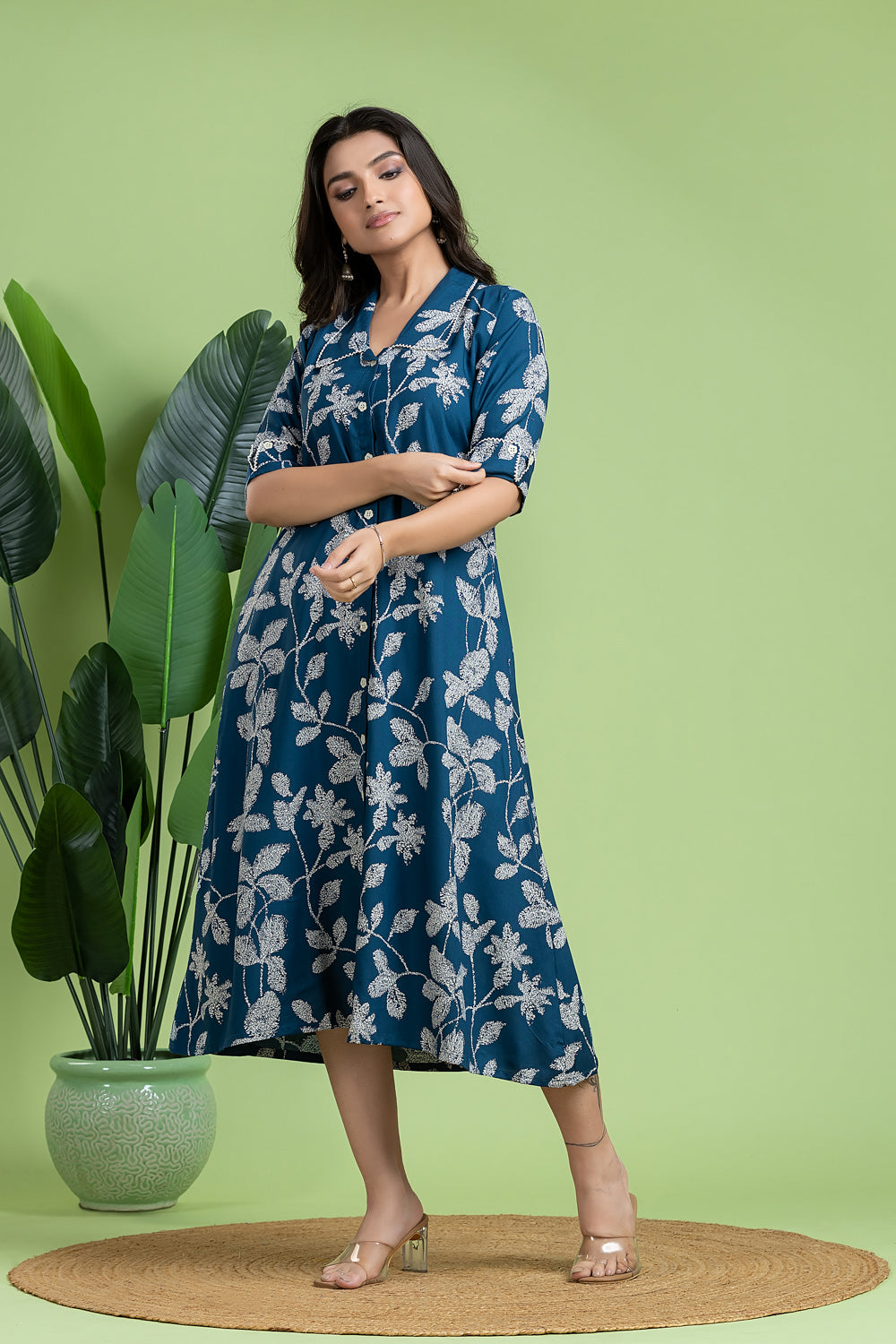 French Blue Floral Print A-Line Dress