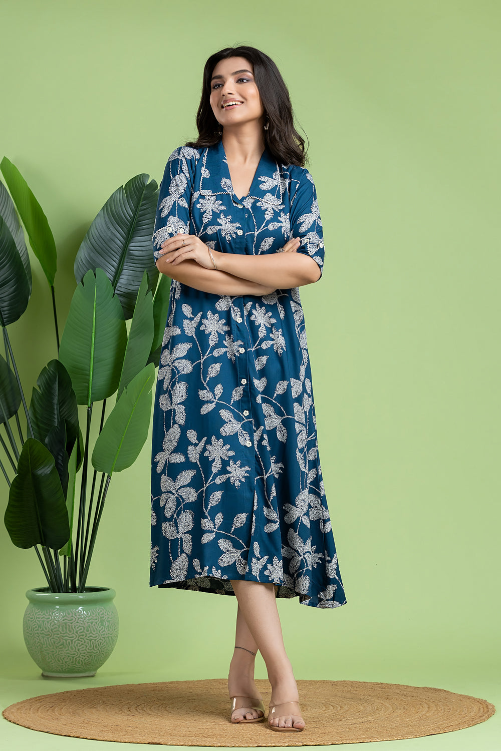 French Blue Floral Print A-Line Dress