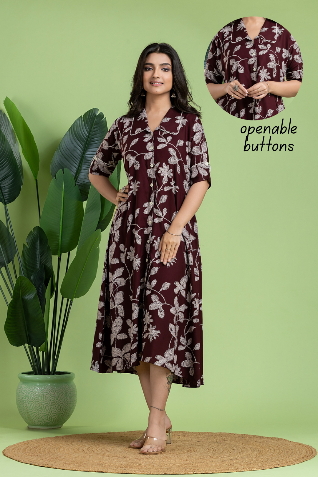 Burgundy Floral Print A-Line Dress