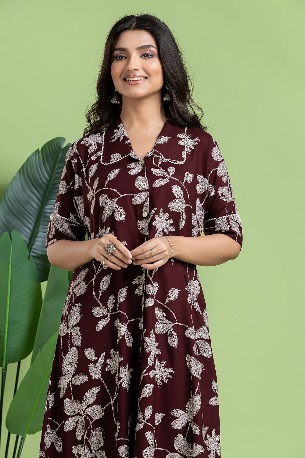 Burgundy Floral Print A-Line Dress