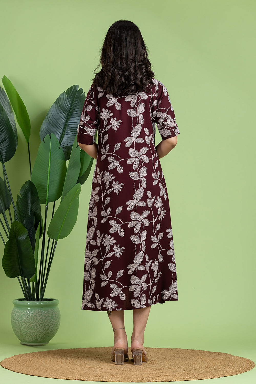 Burgundy Floral Print A-Line Dress