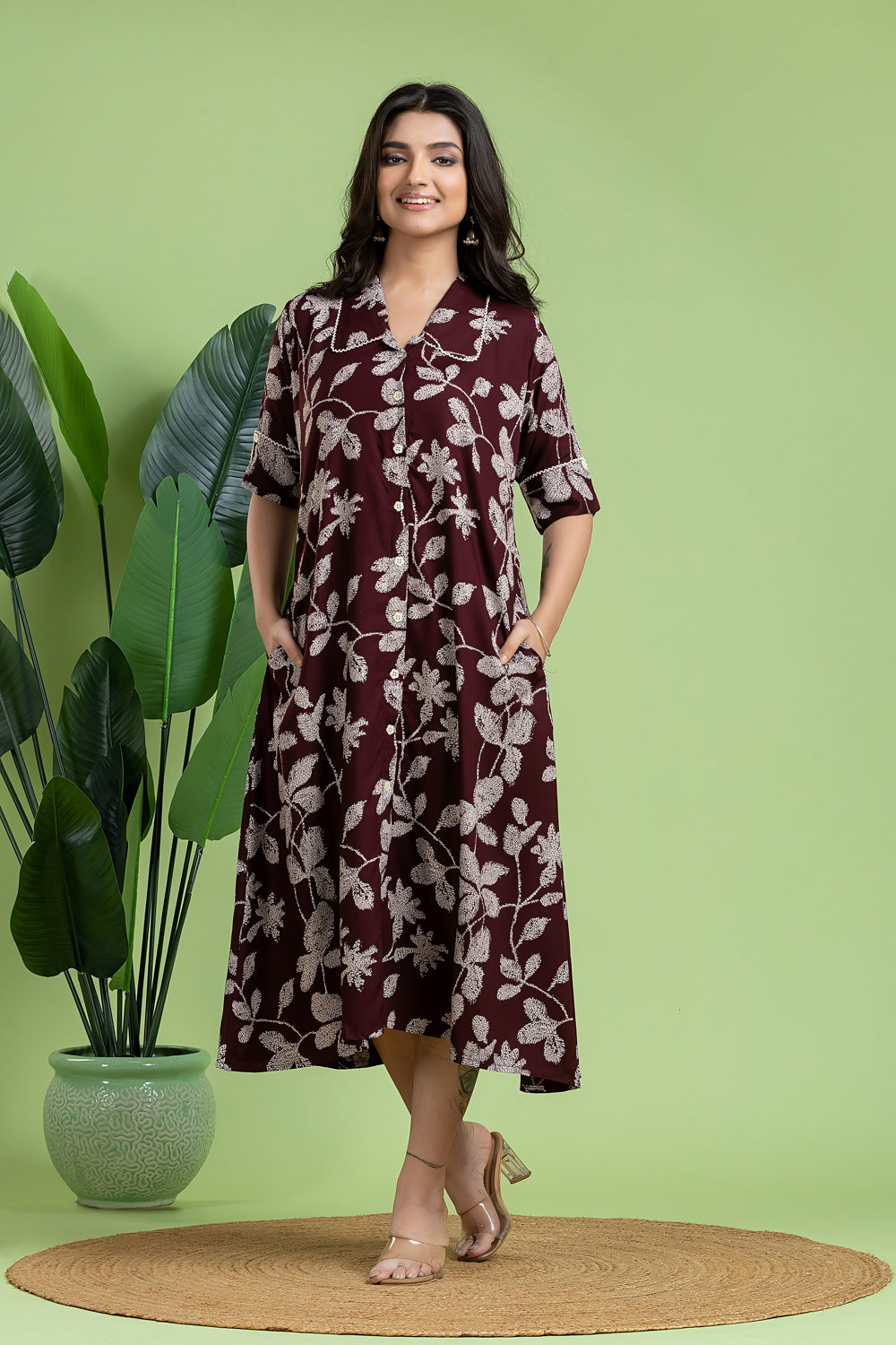 Burgundy Floral Print A-Line Dress