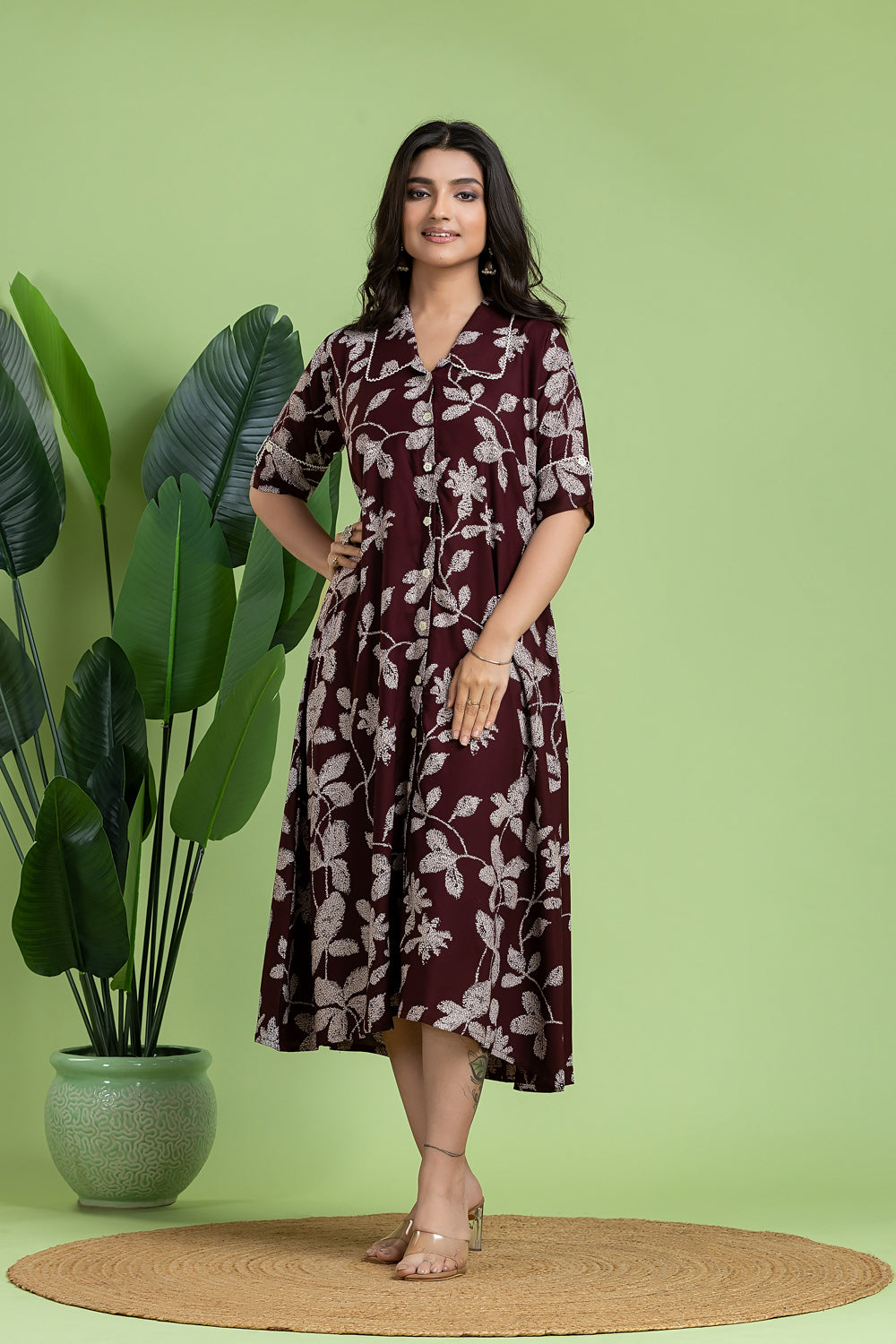 Burgundy Floral Print A-Line Dress