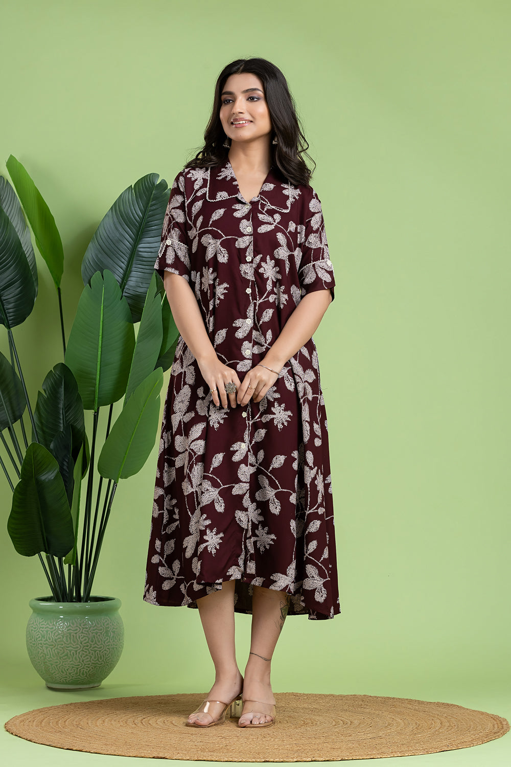 Burgundy Floral Print A-Line Dress