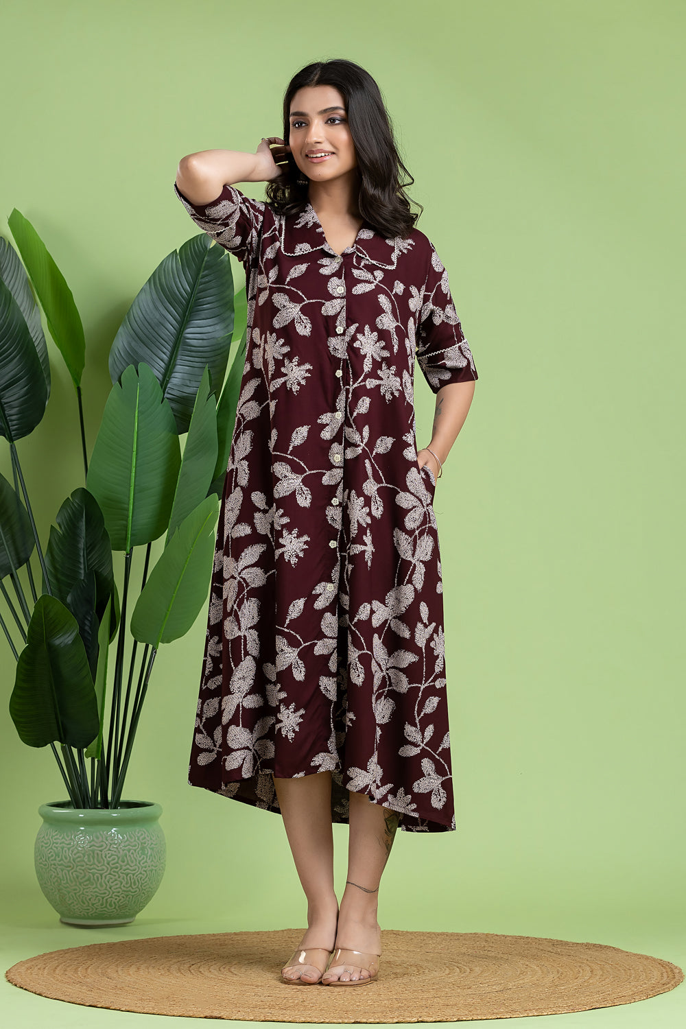 Burgundy Floral Print A-Line Dress
