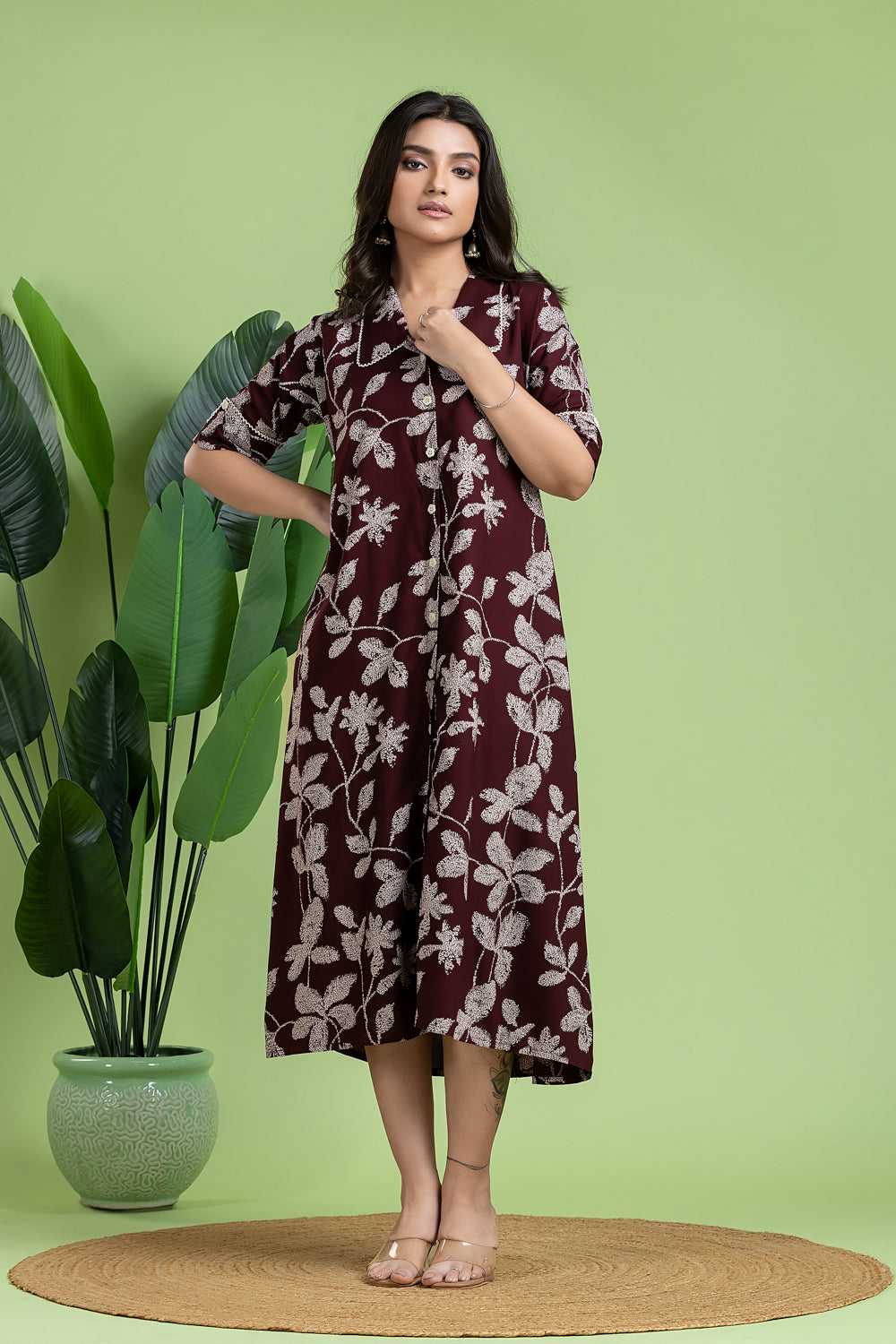 Burgundy Floral Print A-Line Dress