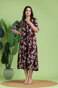 Burgundy Floral Print A-Line Dress