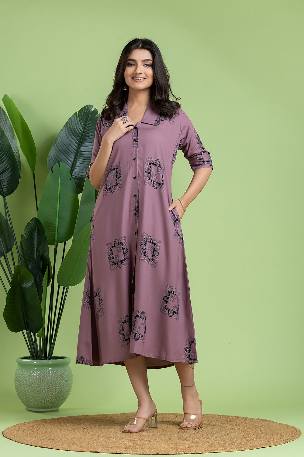 Mauve Geometric Print A-Line Dress