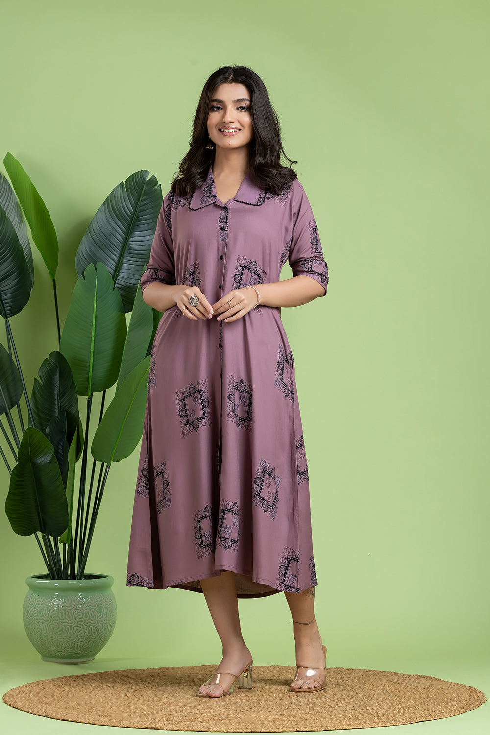 Mauve Geometric Print A-Line Dress