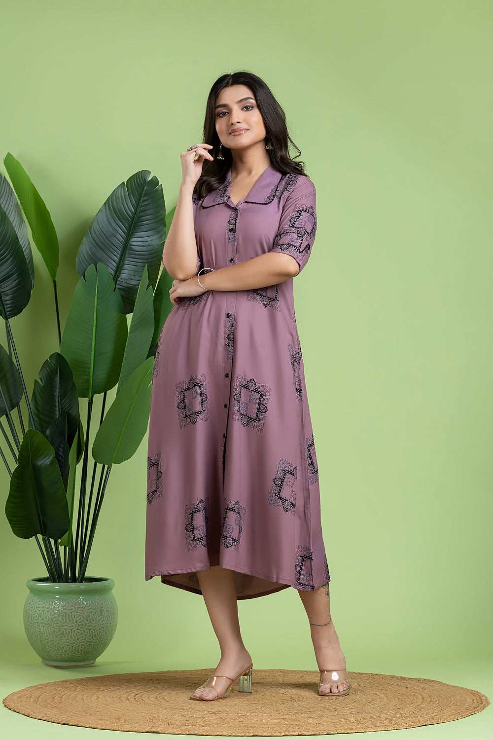 Mauve Geometric Print A-Line Dress