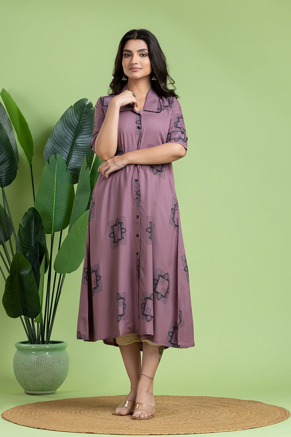 Mauve Geometric Print A-Line Dress