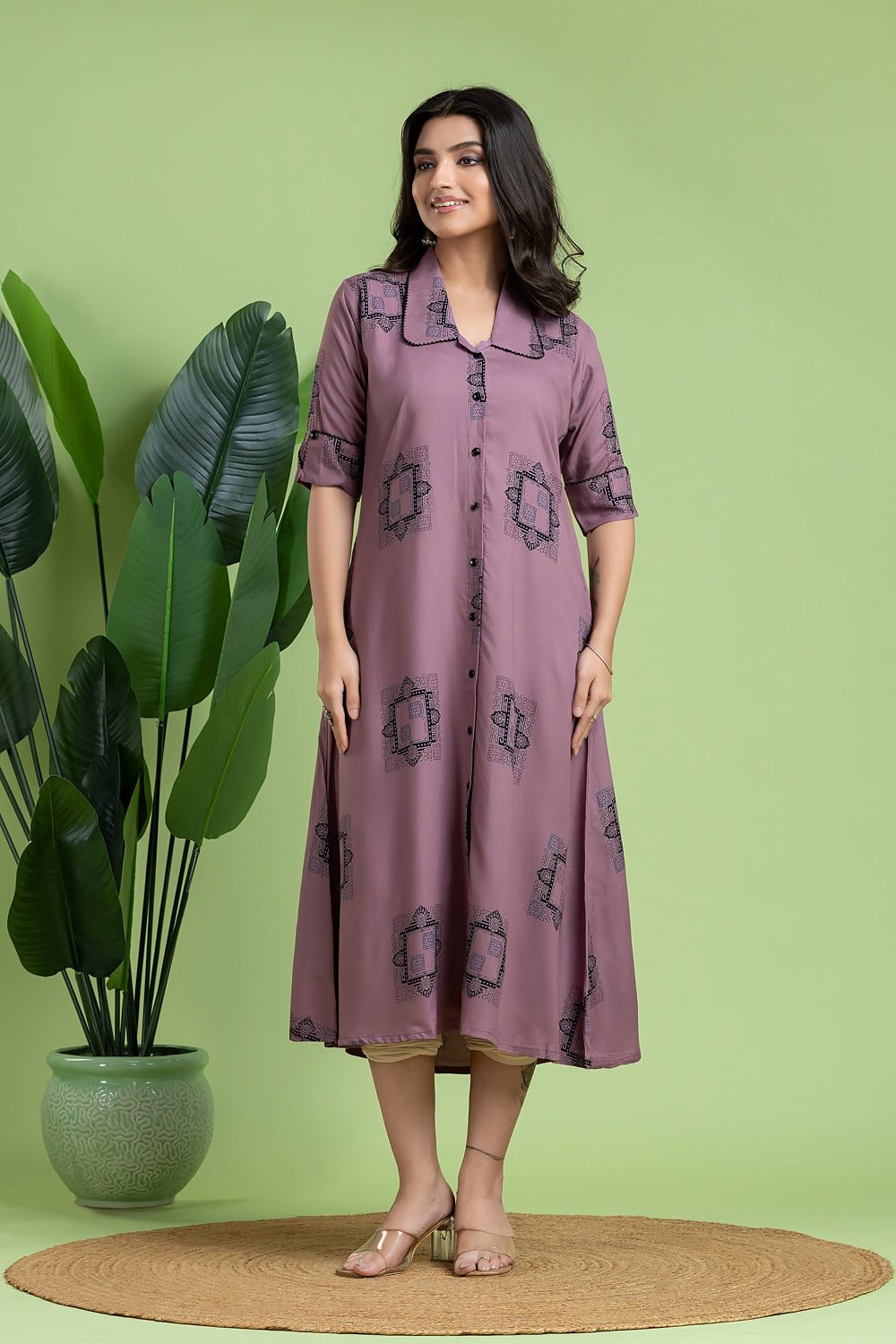 Mauve Geometric Print A-Line Dress