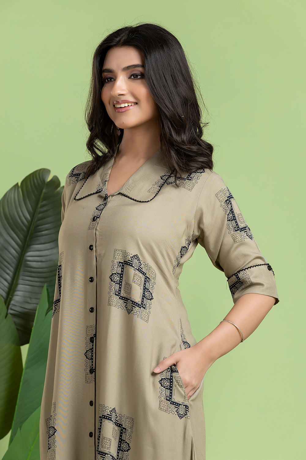 Greyish Olive Geometric Print A-Line Dress