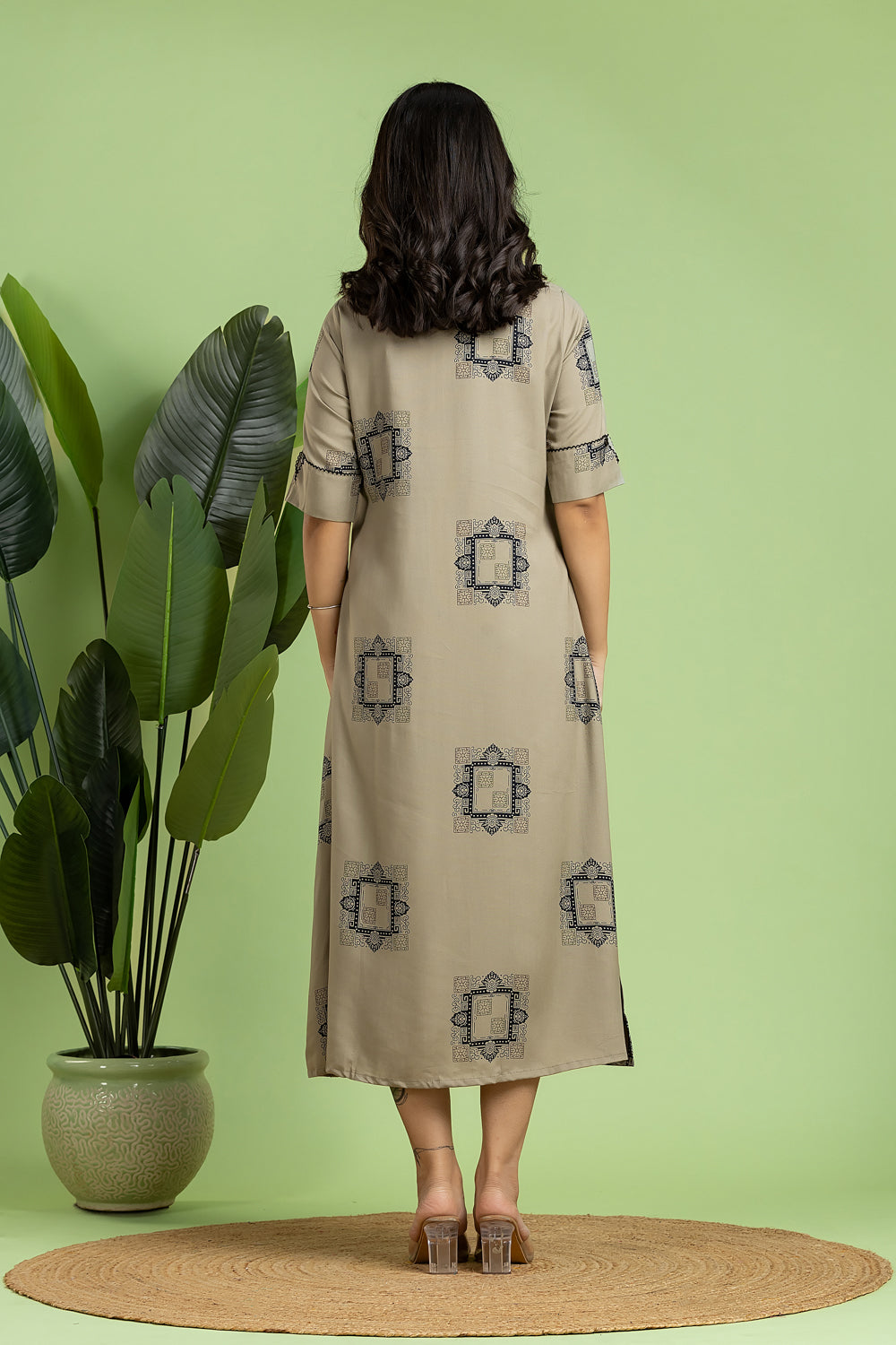 Greyish Olive Geometric Print A-Line Dress