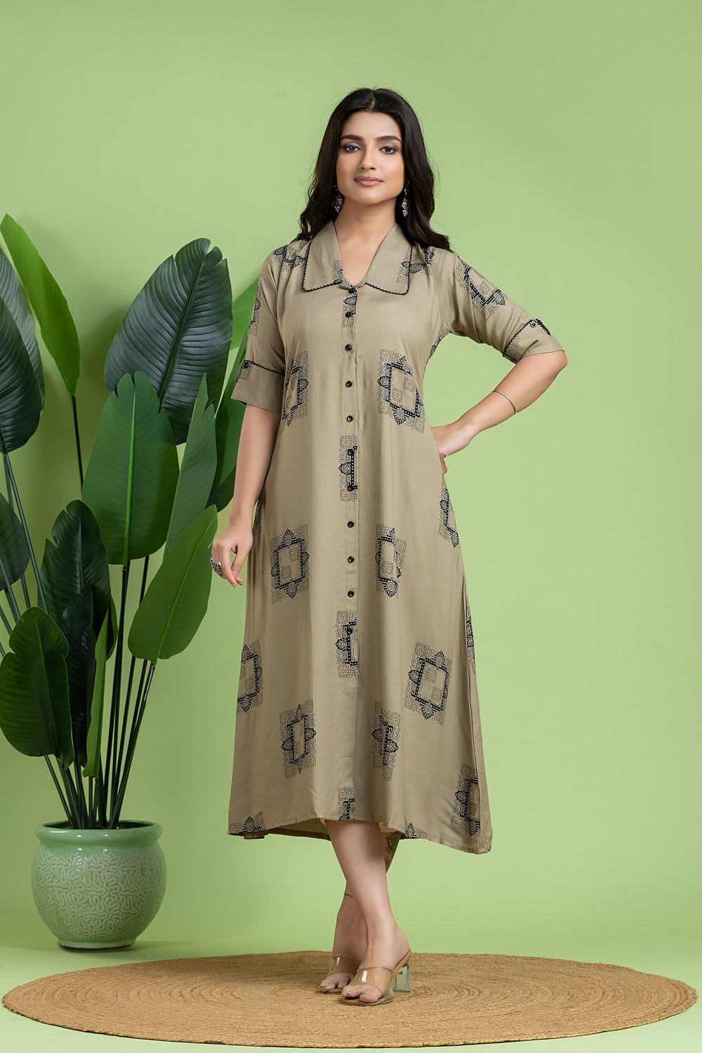 Greyish Olive Geometric Print A-Line Dress