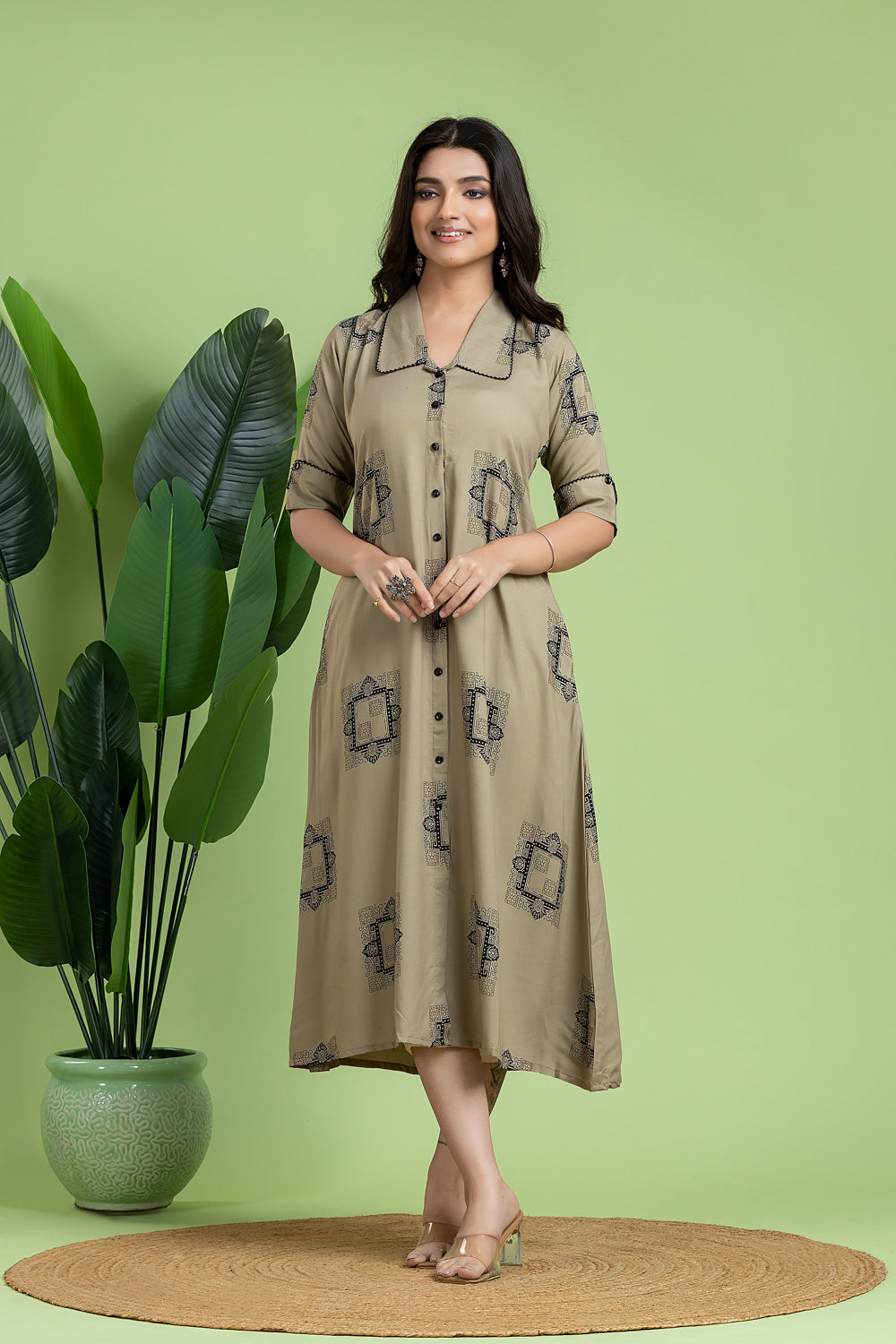 Greyish Olive Geometric Print A-Line Dress