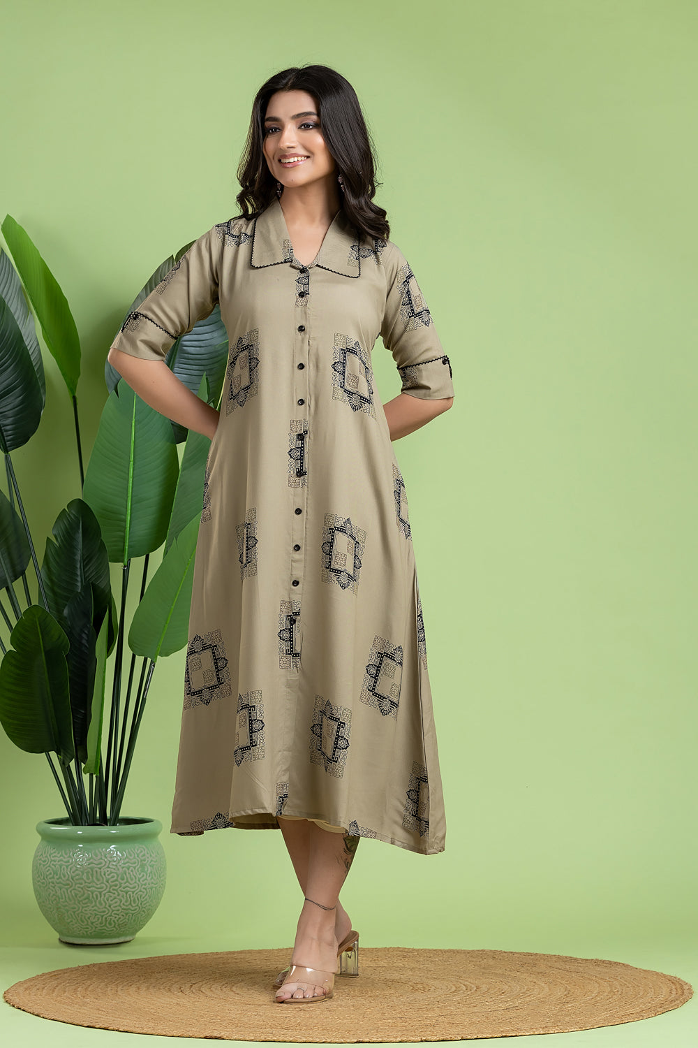 Greyish Olive Geometric Print A-Line Dress